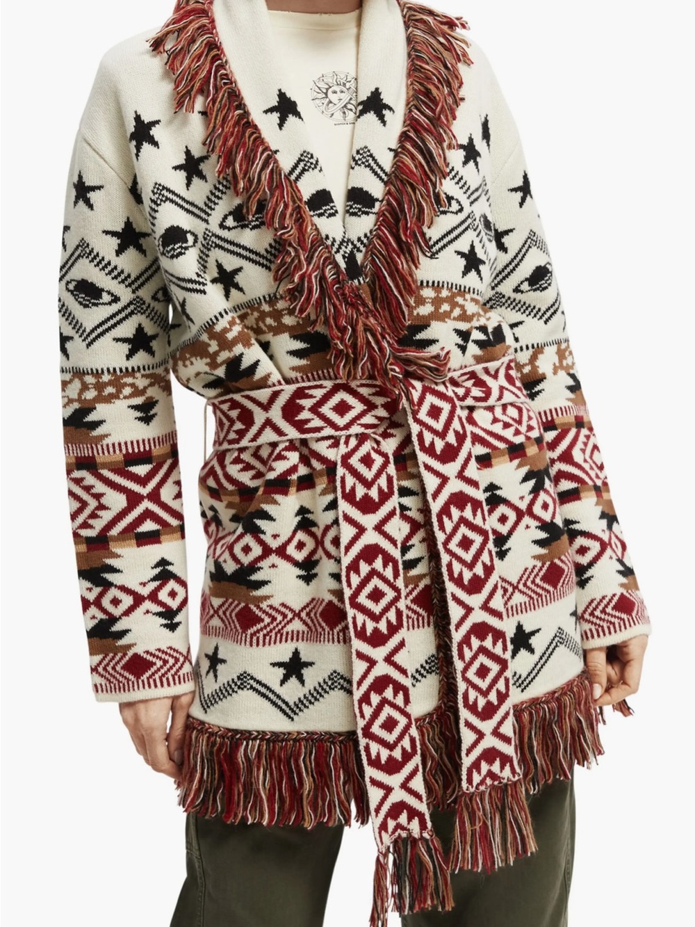 Scotch & Soda Jacquard Fringe Sweater — Ivory & Burgundy